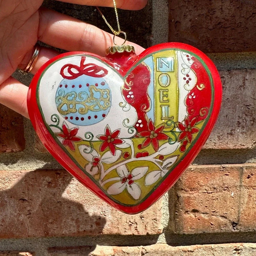 Pier 1 Li Bien Heart Shape Glass Ornament JOY NOEL 2008 Original Red Box